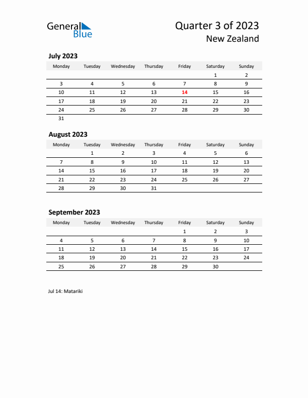 2023 Q3 Three-Month Calendar for New Zealand