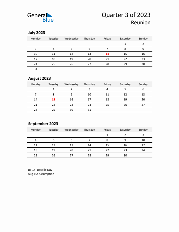 2023 Q3 Three-Month Calendar for Reunion