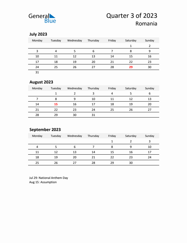 2023 Q3 Three-Month Calendar for Romania