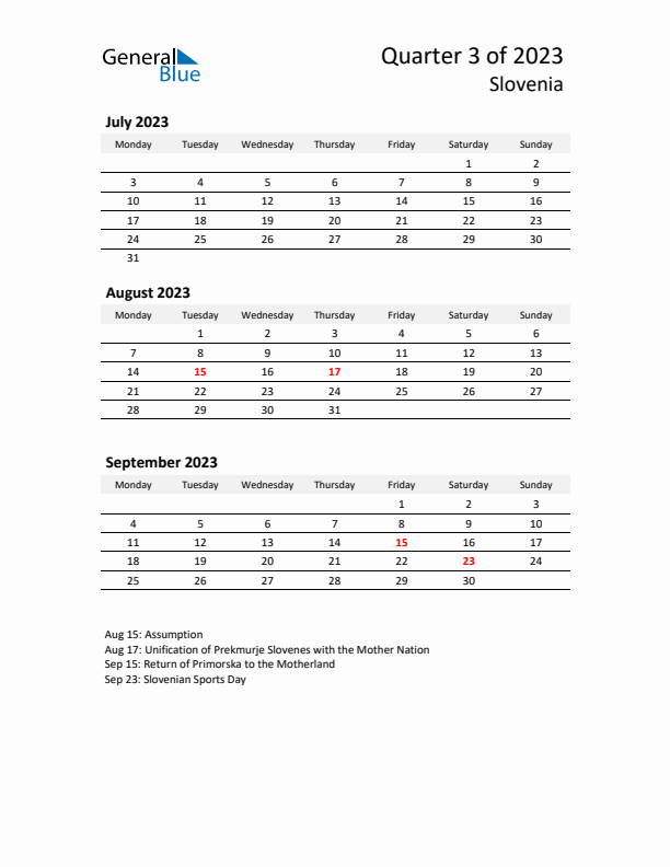 2023 Q3 Three-Month Calendar for Slovenia