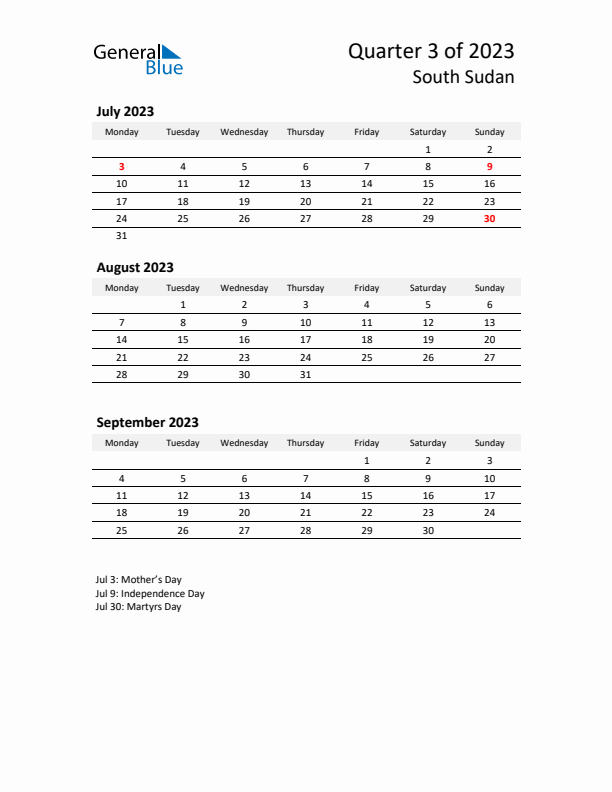 2023 Q3 Three-Month Calendar for South Sudan