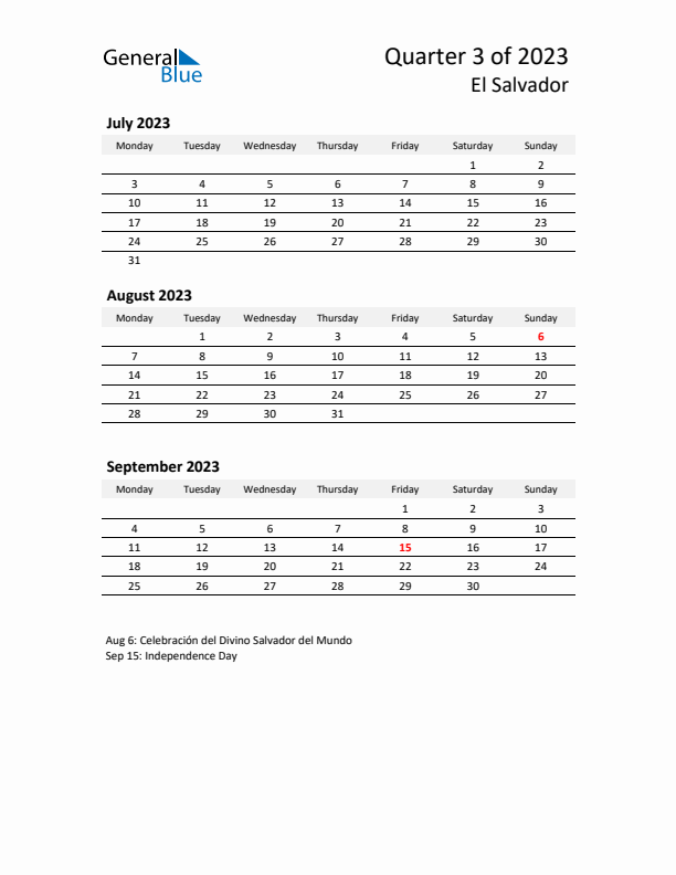 2023 Q3 Three-Month Calendar for El Salvador