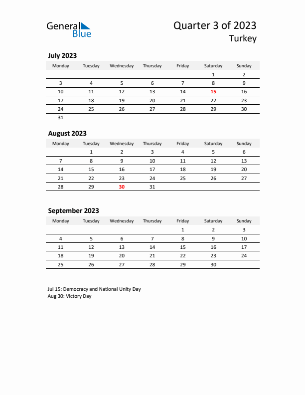 2023 Q3 Three-Month Calendar for Turkey