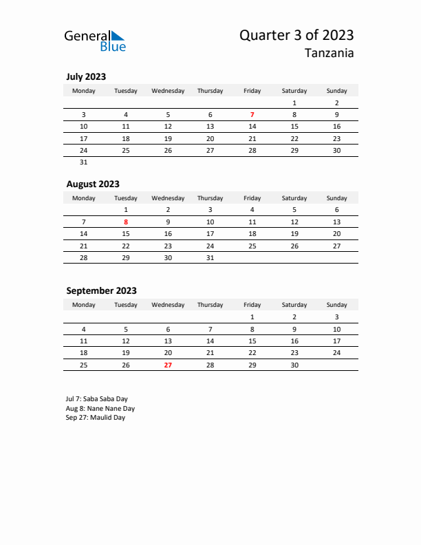 2023 Q3 Three-Month Calendar for Tanzania