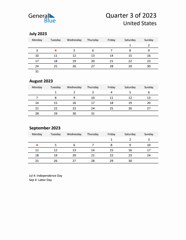 2023 Q3 Three-Month Calendar for United States