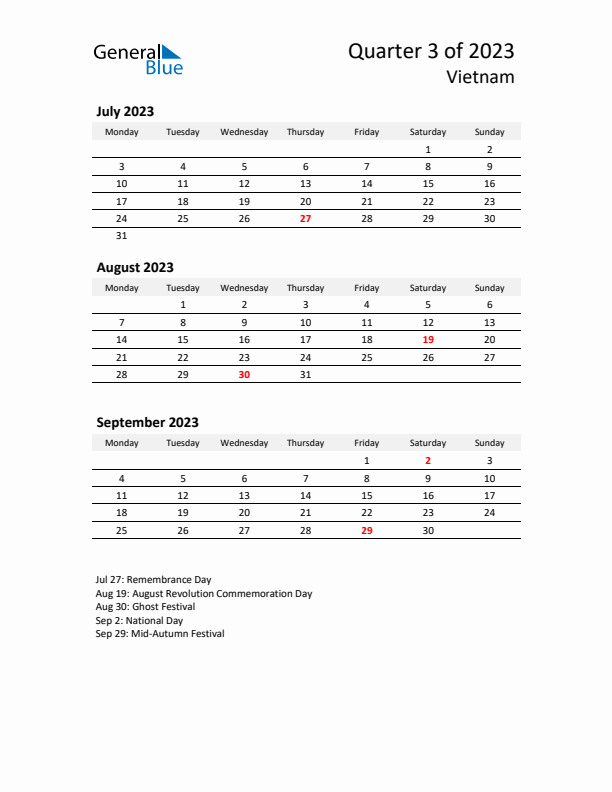 2023 Q3 Three-Month Calendar for Vietnam