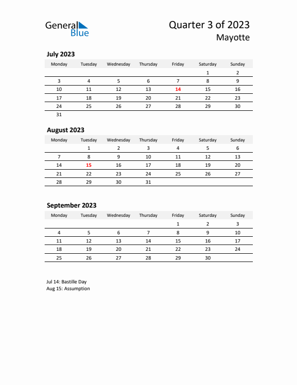 2023 Q3 Three-Month Calendar for Mayotte