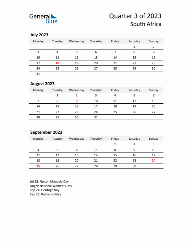 2023 Q3 Three-Month Calendar for South Africa