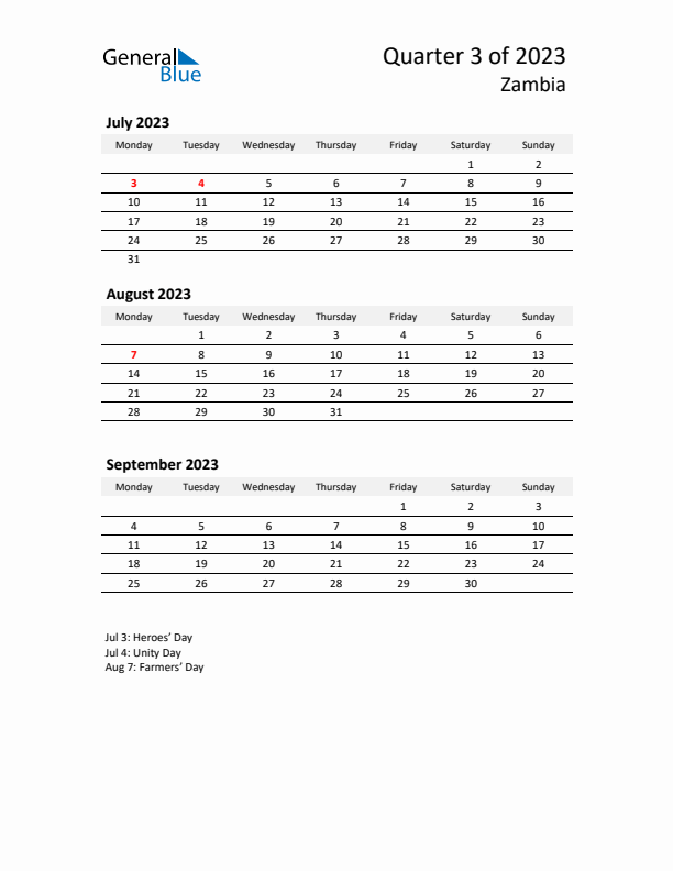 2023 Q3 Three-Month Calendar for Zambia