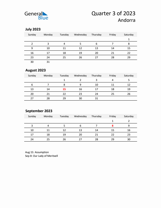 2023 Q3 Three-Month Calendar for Andorra