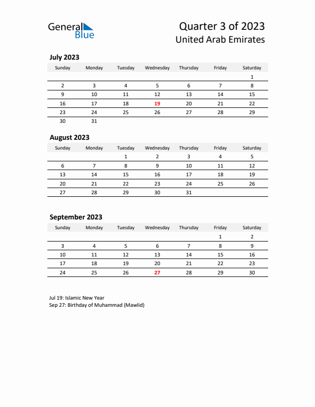 2023 Q3 Three-Month Calendar for United Arab Emirates