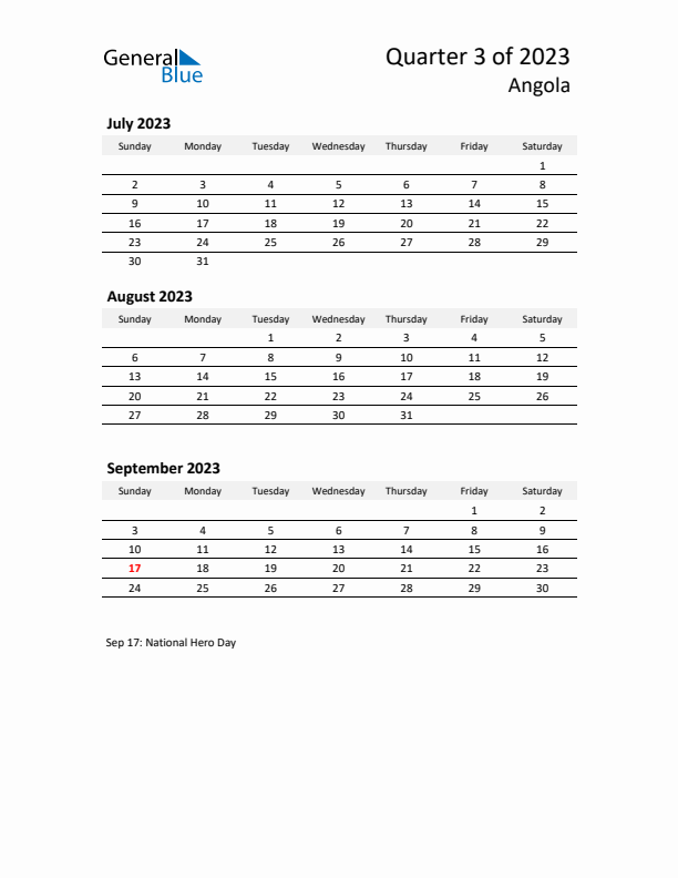 2023 Q3 Three-Month Calendar for Angola