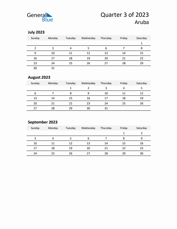 2023 Q3 Three-Month Calendar for Aruba