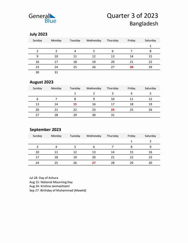 2023 Q3 Three-Month Calendar for Bangladesh