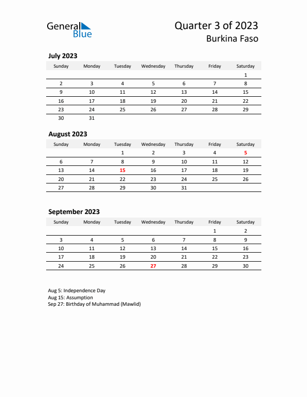 2023 Q3 Three-Month Calendar for Burkina Faso