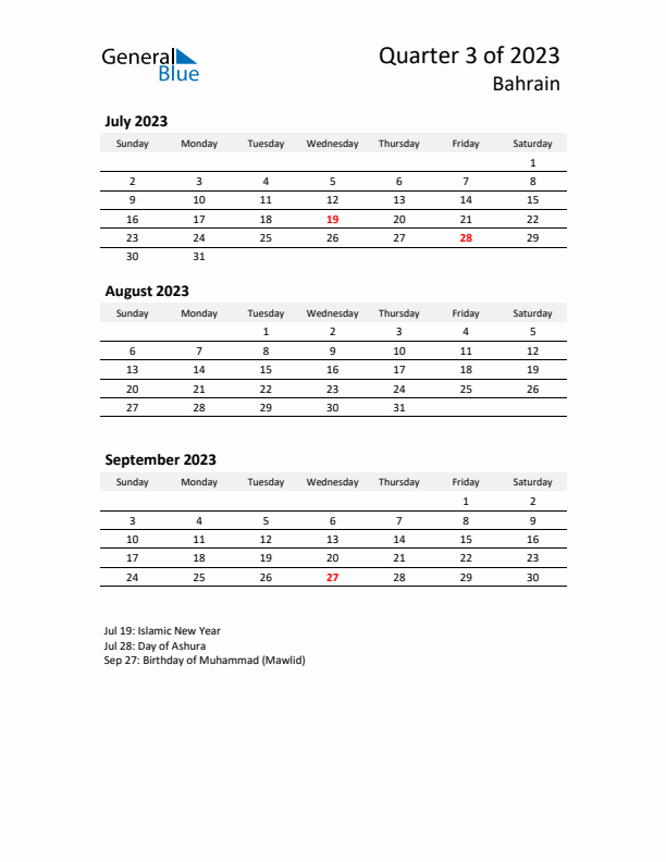 2023 Q3 Three-Month Calendar for Bahrain