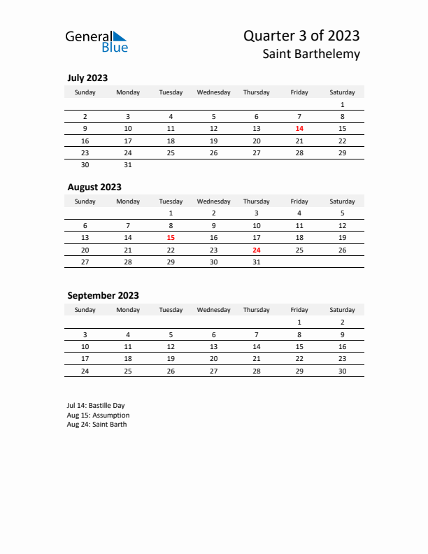 2023 Q3 Three-Month Calendar for Saint Barthelemy