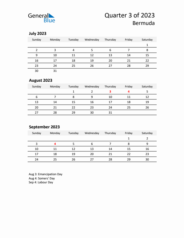 2023 Q3 Three-Month Calendar for Bermuda