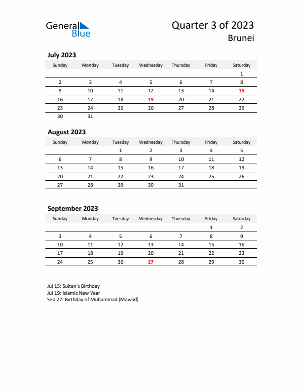 2023 Q3 Three-Month Calendar for Brunei