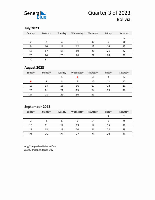 2023 Q3 Three-Month Calendar for Bolivia