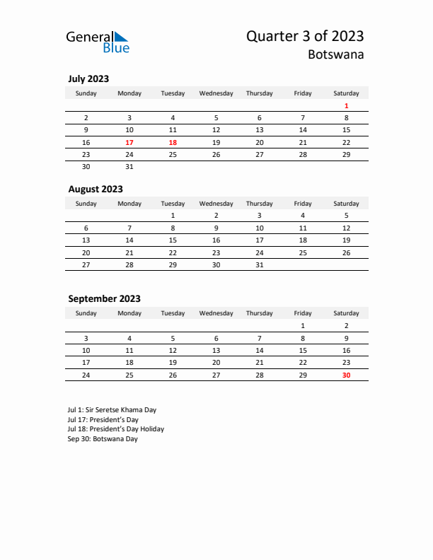 2023 Q3 Three-Month Calendar for Botswana