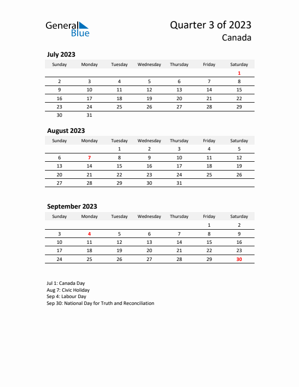 2023 Q3 Three-Month Calendar for Canada