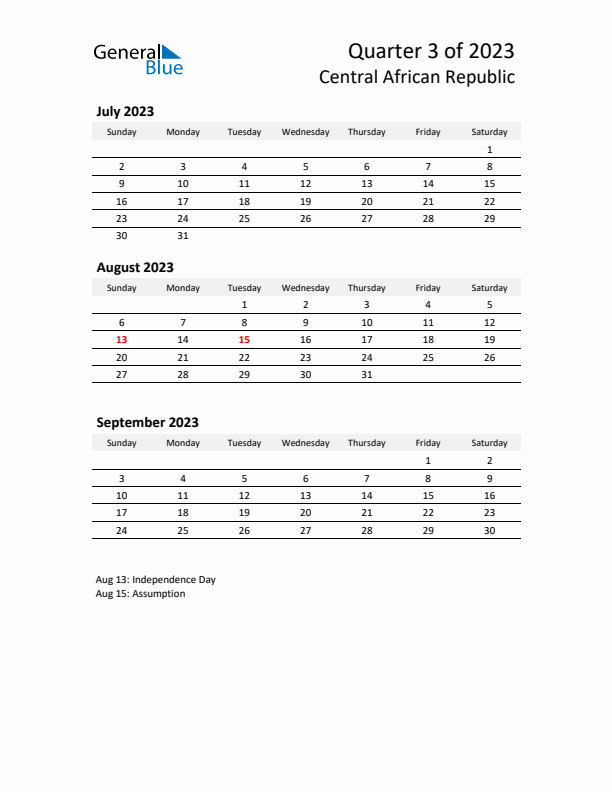 2023 Q3 Three-Month Calendar for Central African Republic