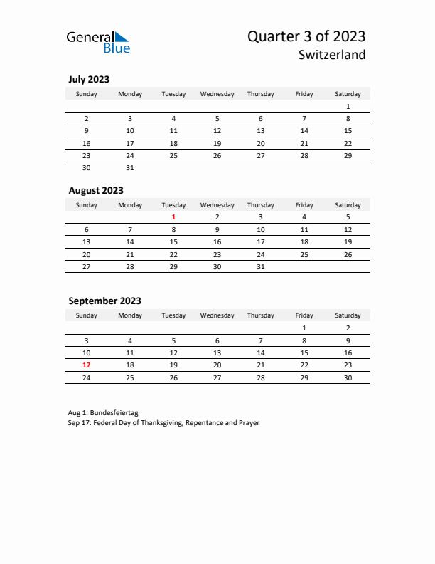 2023 Q3 Three-Month Calendar for Switzerland