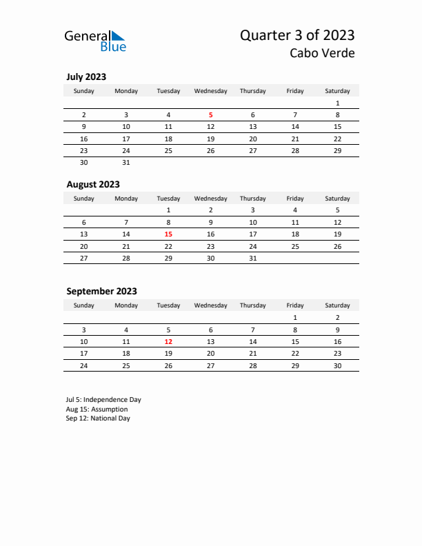 2023 Q3 Three-Month Calendar for Cabo Verde