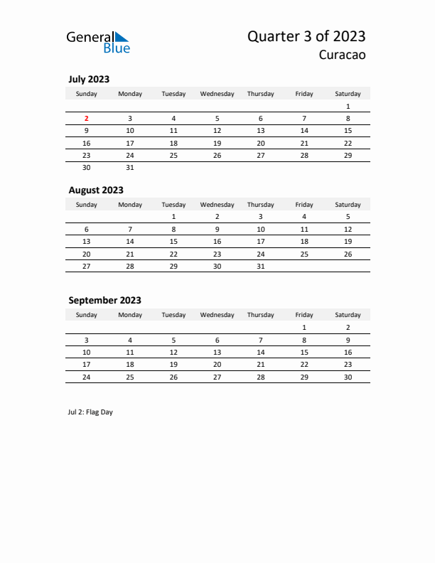 2023 Q3 Three-Month Calendar for Curacao