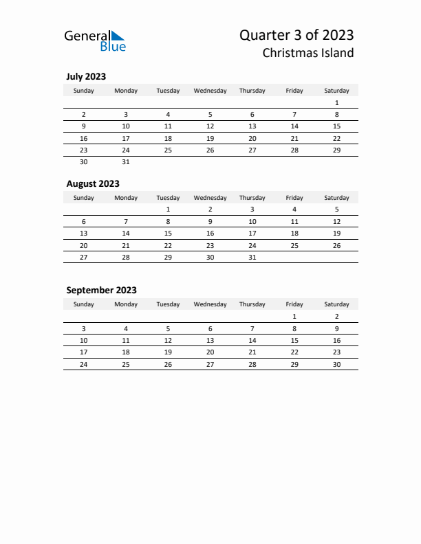 2023 Q3 Three-Month Calendar for Christmas Island