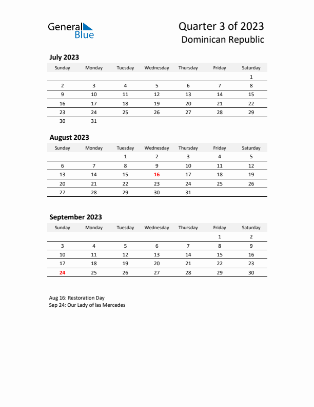 2023 Q3 Three-Month Calendar for Dominican Republic