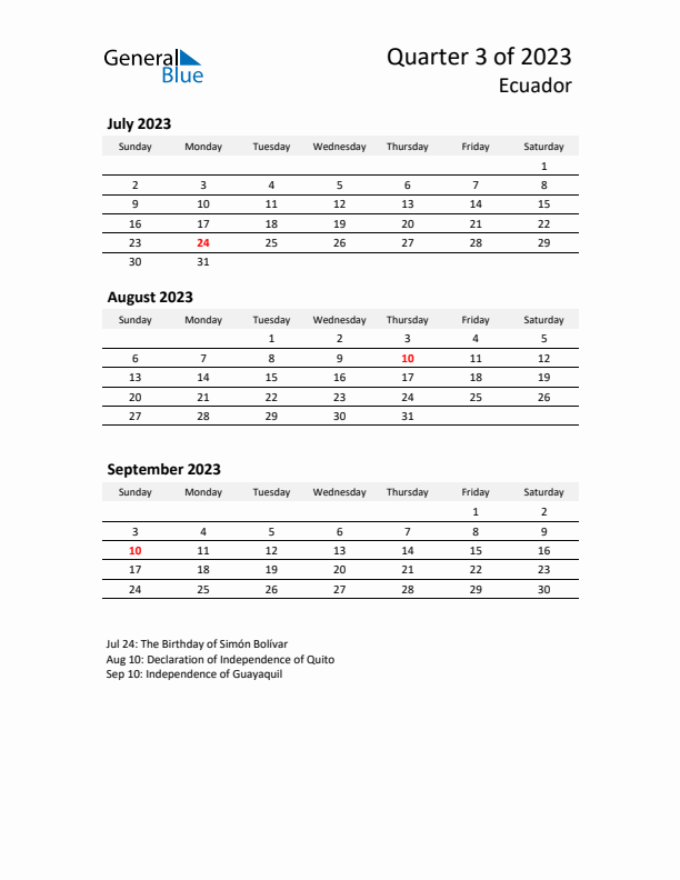 2023 Q3 Three-Month Calendar for Ecuador