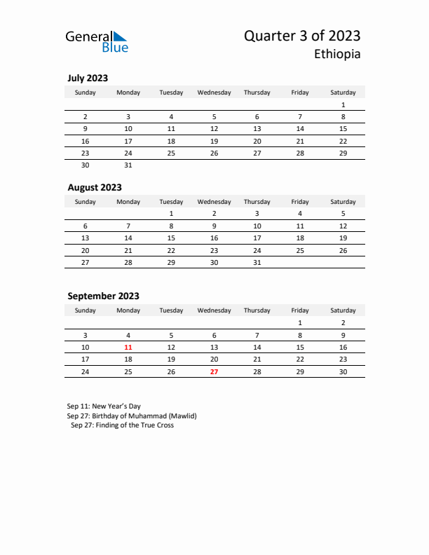 2023 Q3 Three-Month Calendar for Ethiopia