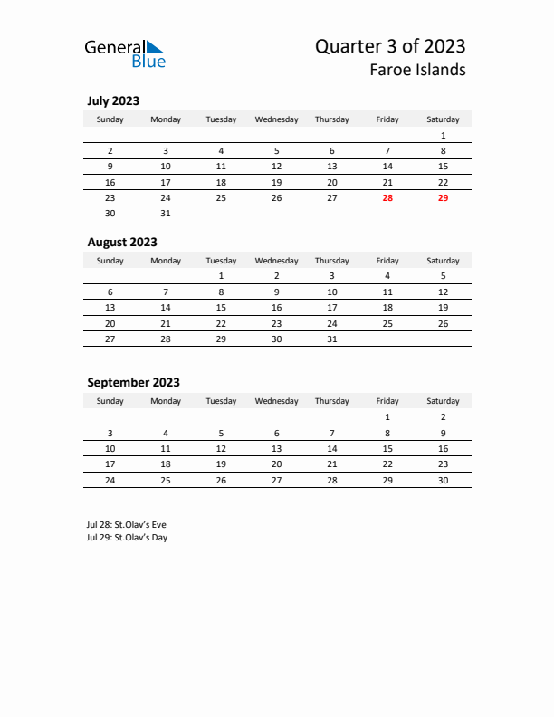 2023 Q3 Three-Month Calendar for Faroe Islands