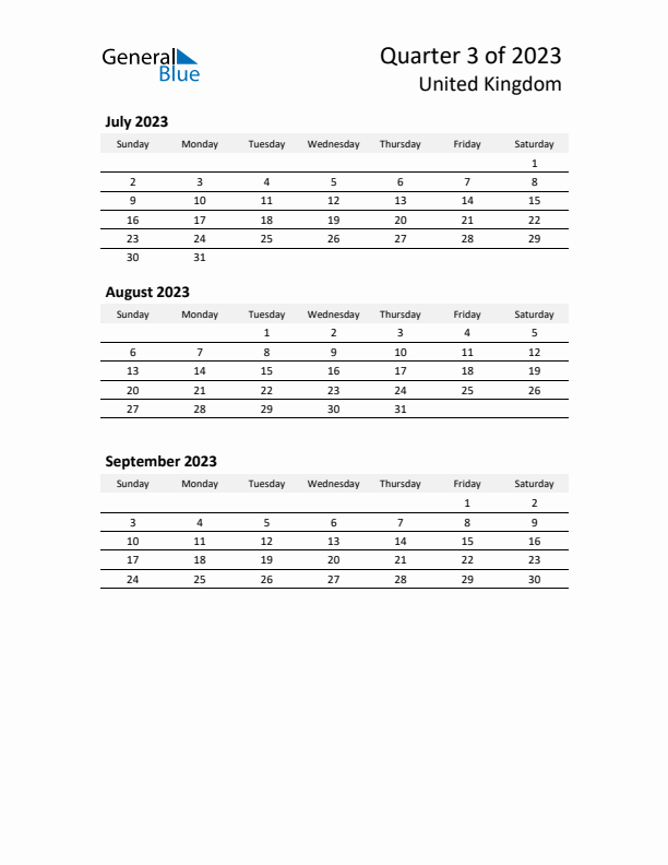 2023 Q3 Three-Month Calendar for United Kingdom