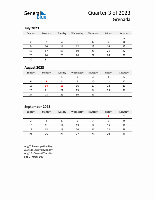 2023 Q3 Three-Month Calendar for Grenada