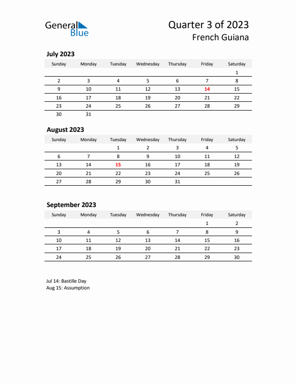 2023 Q3 Three-Month Calendar for French Guiana