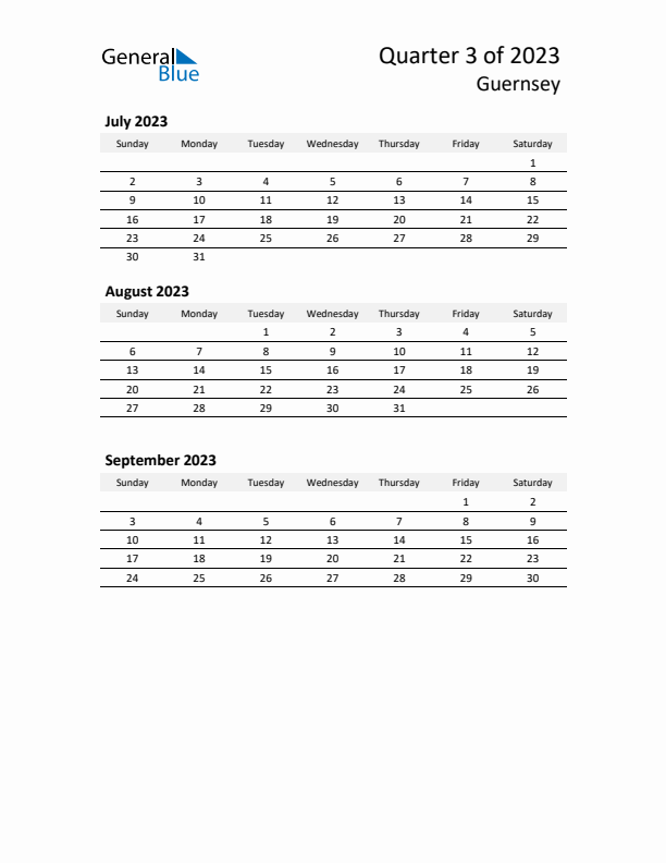 2023 Q3 Three-Month Calendar for Guernsey