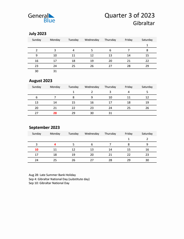 2023 Q3 Three-Month Calendar for Gibraltar