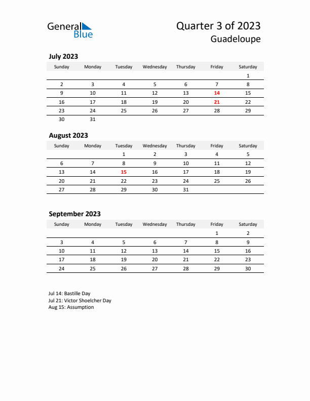 2023 Q3 Three-Month Calendar for Guadeloupe