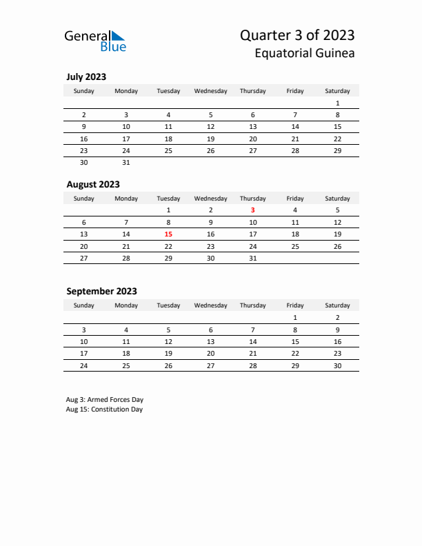 2023 Q3 Three-Month Calendar for Equatorial Guinea