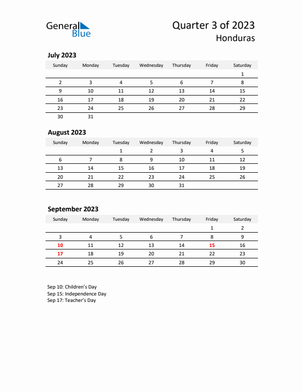 2023 Q3 Three-Month Calendar for Honduras