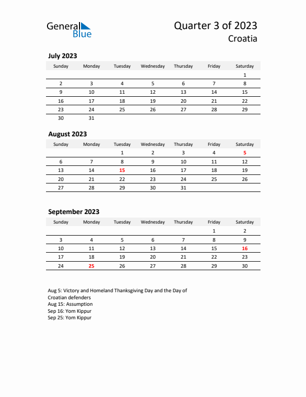 2023 Q3 Three-Month Calendar for Croatia