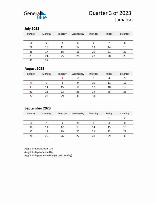 2023 Q3 Three-Month Calendar for Jamaica