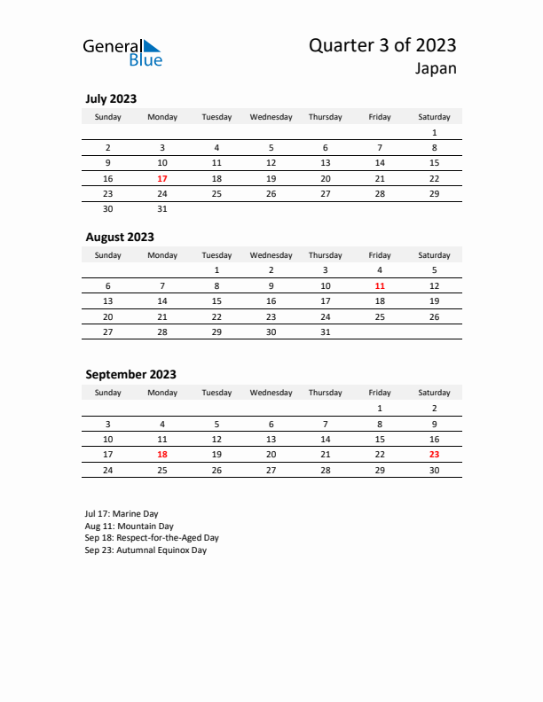 2023 Q3 Three-Month Calendar for Japan