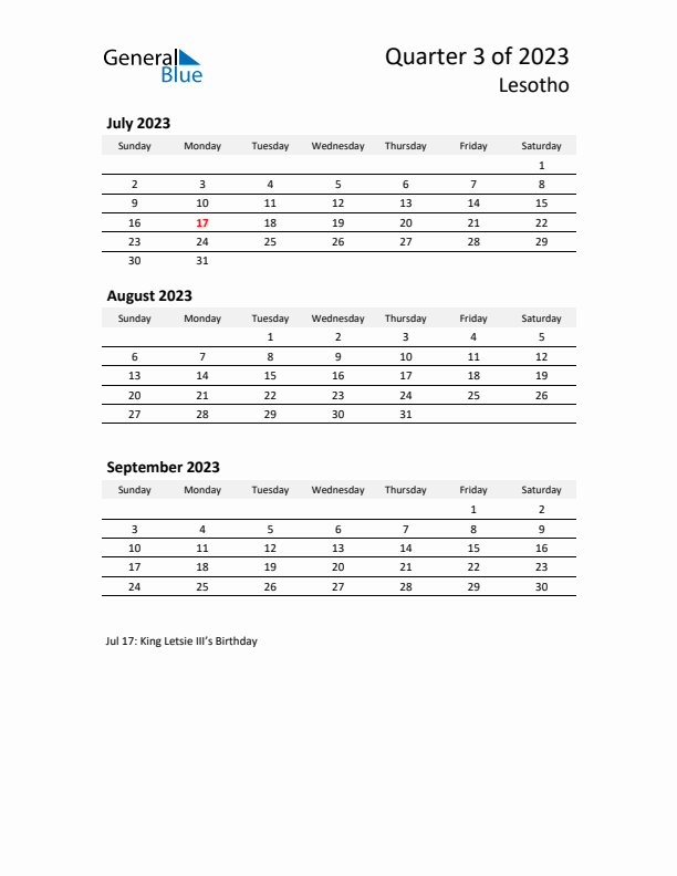 2023 Q3 Three-Month Calendar for Lesotho