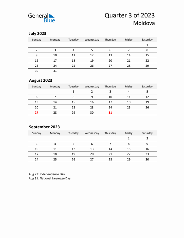 2023 Q3 Three-Month Calendar for Moldova