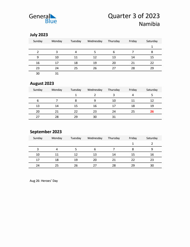 2023 Q3 Three-Month Calendar for Namibia