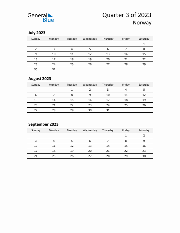 2023 Q3 Three-Month Calendar for Norway